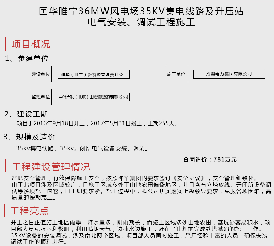 國(guó)華睢寧36MW風(fēng)電場(chǎng)35KV集電線(xiàn)路及升壓站電氣安裝、調(diào)試工程施工